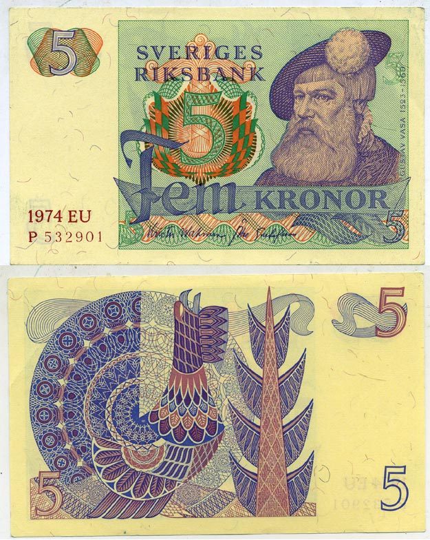 Швеция 5 крон 1974 EU, Густав I Ваза Pick 51c бумага 445-17-2