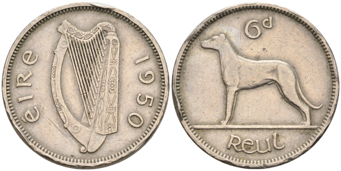Ирландия 6 пенсов 1950 ирландский волкодав KM 13а медно-никель 4561-1257