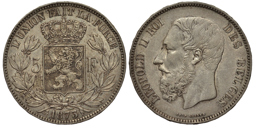 Бельгия 5 франков 1873 Леопольд II (1865-1909), позиция А KM 24 серебро 443-513