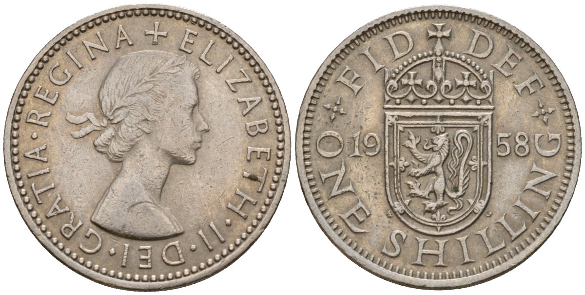 Великобритания 1 шиллинг 1958 Елизавета II (1952-2022), Шотландский герб KM 905, Spink 4148 медно-никель 4601-451