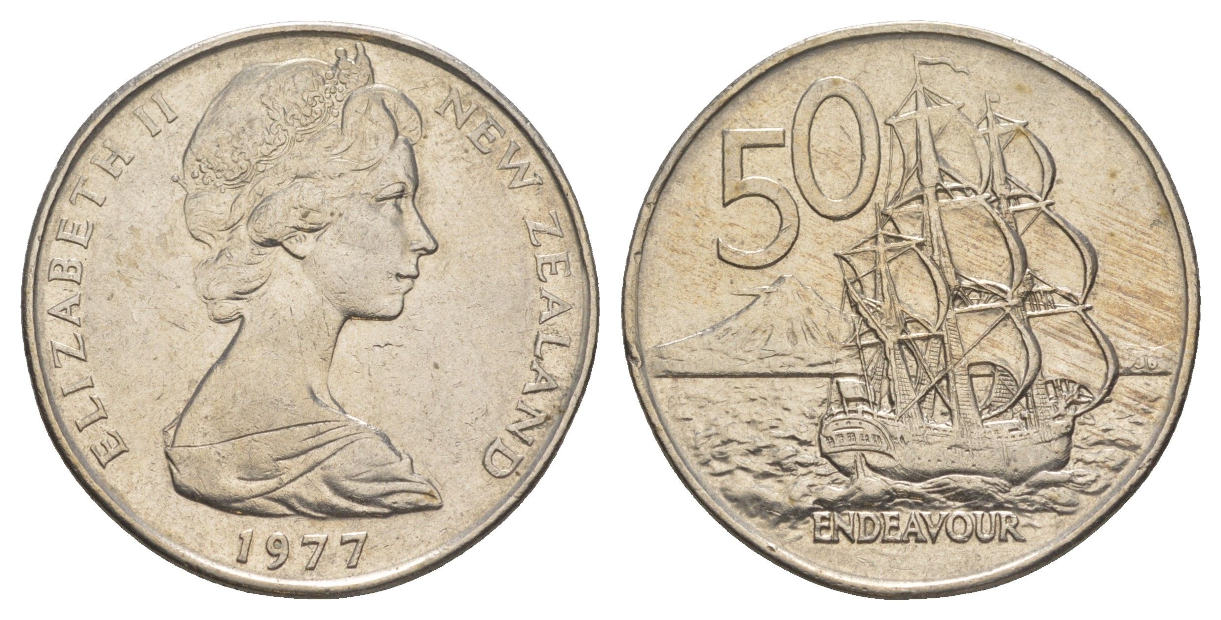 Новая Зеландия 50 центов 1977 Елизавета II (1952-2022), парусник Индевор KM 37 медно-никель 189-236