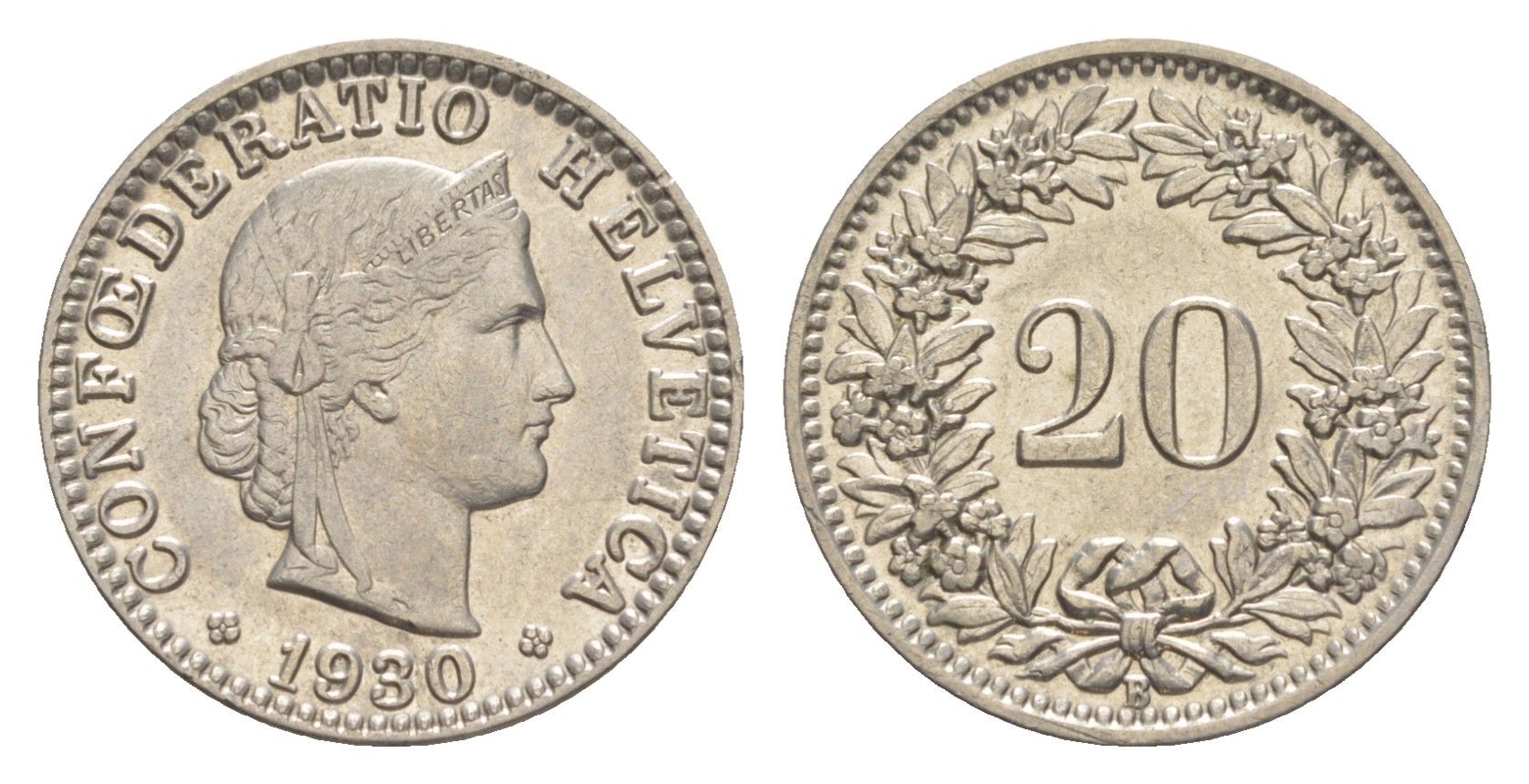 Швейцария 20 раппенов 1930 B KM 29 никель 4625-932