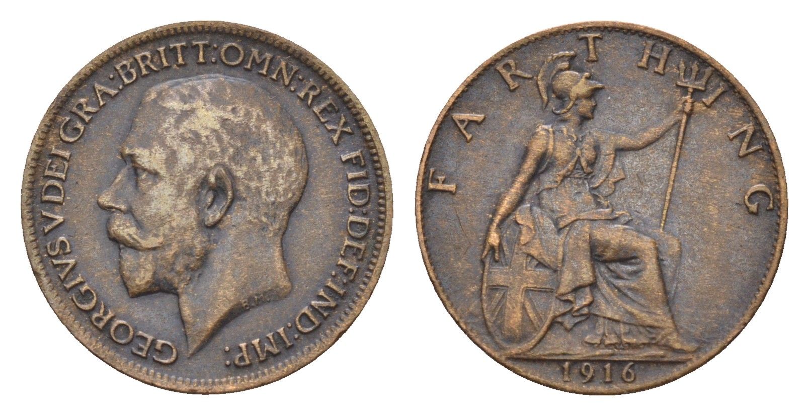 Великобритания 1 фартинг 1916 Георг V (1910-1936) KM 808.1, Spink 4059 бронза 4697-844