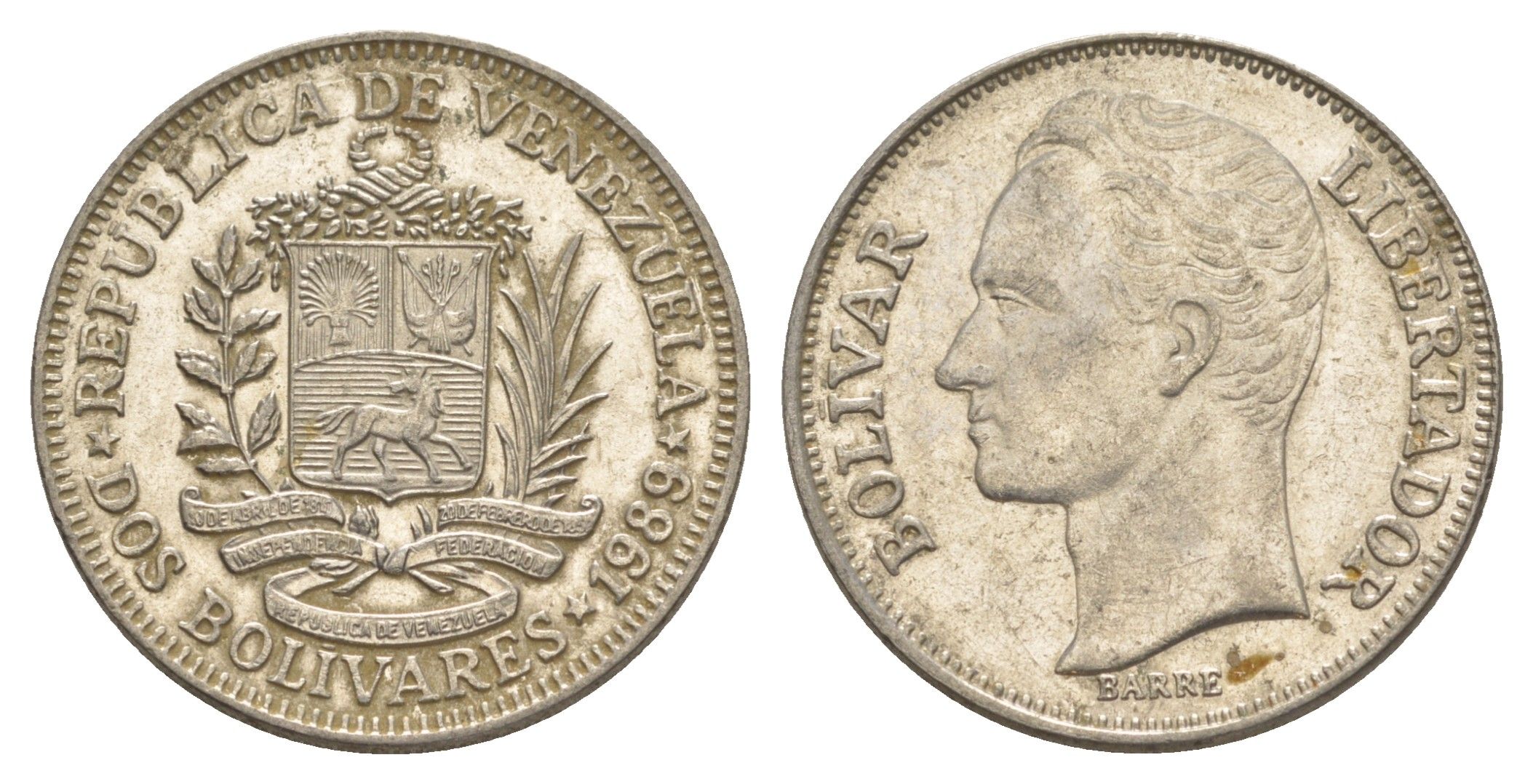 Венесуэла 2 боливара 1989 Симон Боливар Y 43a сталь плакированная никелем 4583-226