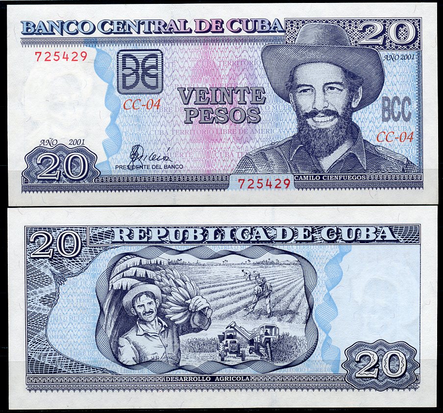 Куба 20 песо 2001 Камило Сьенфуэгос, сбор урожая бананов Pick 118 c  бумага  UNC (пресс) 447-88-2