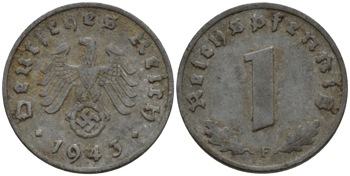 Германия 1 рейхспфенниг 1943 F KM 97, J. 369 цинк 4189-824