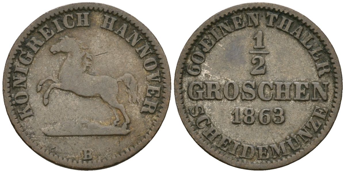 Ганновер 1/2 гроша 1863 B, Георг V (1851-1866) KM 235, AKS 151, Jaeger 92 серебро 413-3912