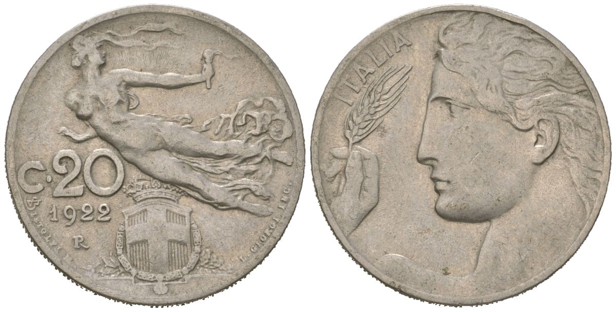 Италия 20 чентезимо 1922 R, Виктор Эммануил III (1900-1946) KM 44 никель 4615-633