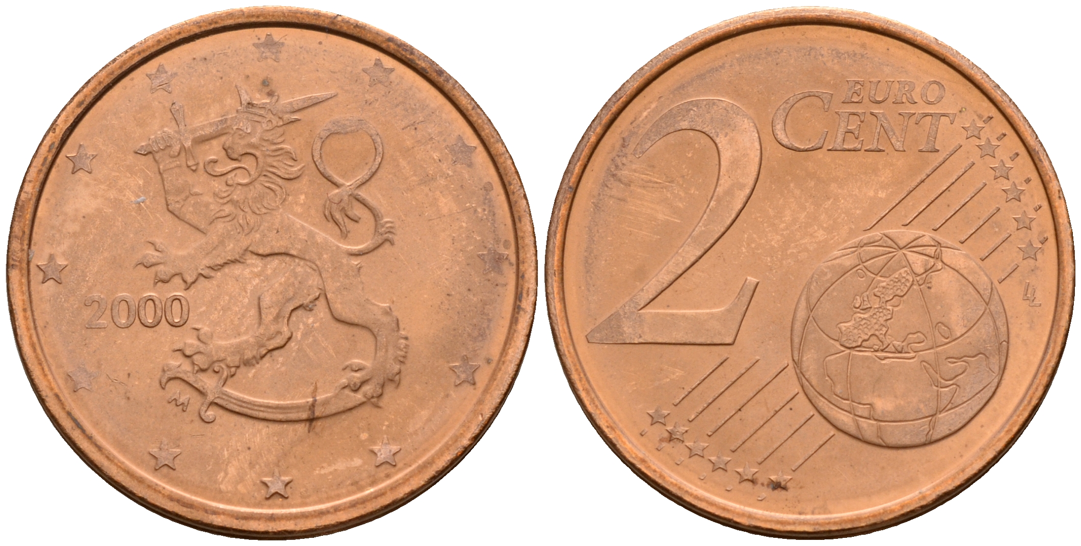 Финляндия 2 евроцента 2000  KM 99 сталь плакированная медью  UNC  4564-357