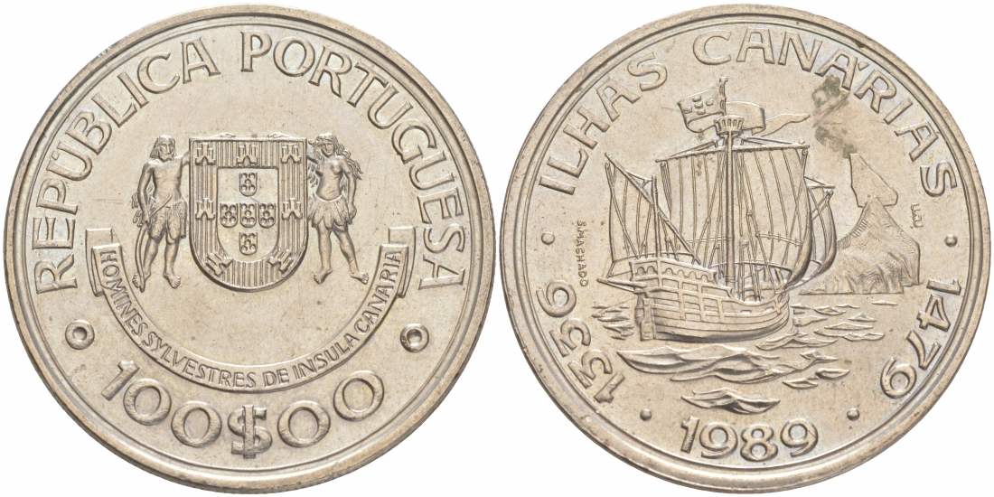 Португалия 100 эскудо 1989 серия золотой век португальских открытий, открытие Канарских островов KM 646 медно-никель UNC M31-15