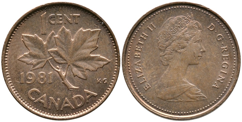 Канада 1 цент 1981 Елизавета II (1952-2022), кленовый лист KM 127 бронза 4528-749