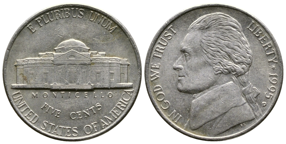 США 5 ЦЕНТОВ 1995 D, ДЖЕФЕРСОН KM А192 медно-никель 37-824
