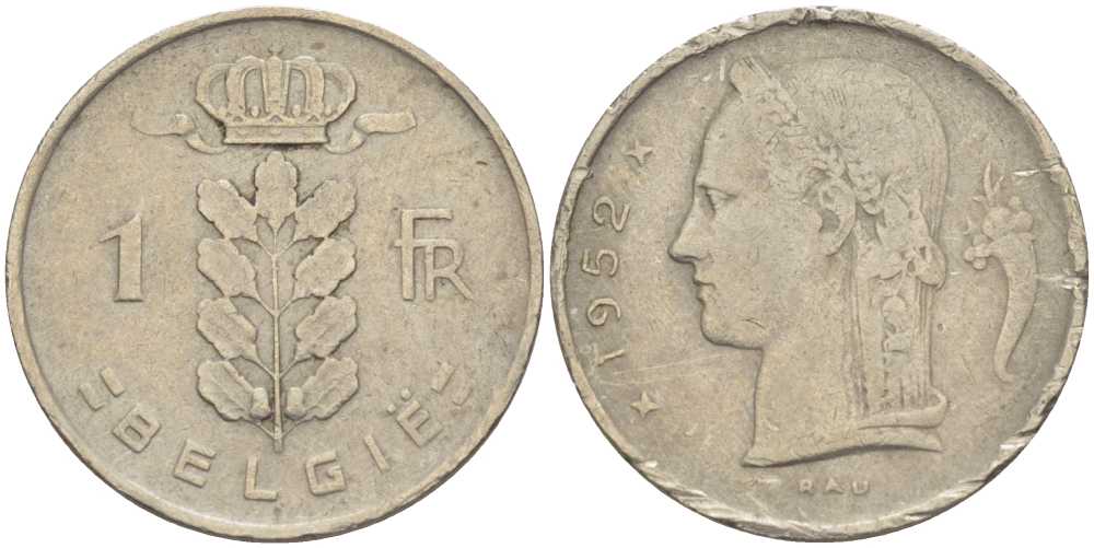 Бельгия 1 франк 1952 Belgie, Бодуэн I (1951-1993) KM 143.1 медно-никель 259-426