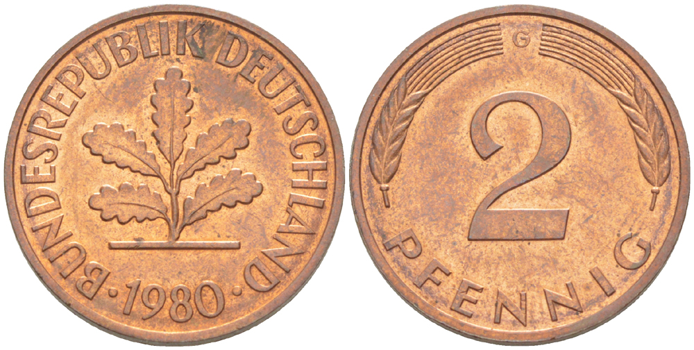 ФРГ 2 ПФЕННИГА 1980 G KM 106а, J. 381а сталь плакированная сталь плакированная медьюю 4181-839