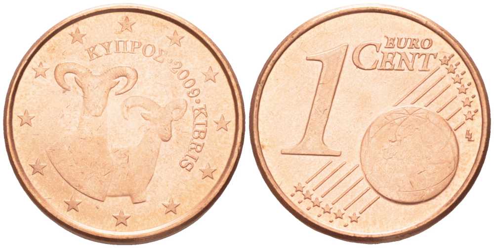 КИПР 1 ЕВРОЦЕНТ 2009 ДВА МУФЛОНА KM 78 сталь плакированная медью UNC 105-321