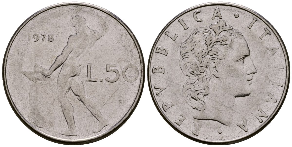 Италия 50 лир 1978 KM 95.1 нержавеющая сталь 4176-246