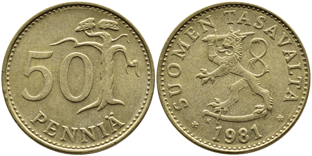 ФИНЛЯНДИЯ 50 ПЕННИ 1981 К KM 48 алюминиевая бронза 4364-3032