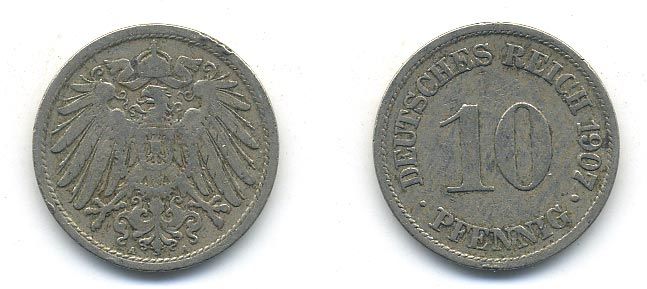 Германия 10 пфеннигов 1907 A KM 12, J. 13 медно-никель 58-312