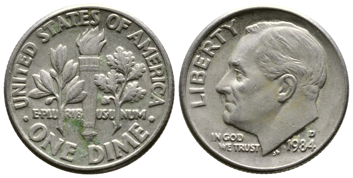 США 10 ЦЕНТОВ = 1 ДАЙМ 1984 D, РУЗВЕЛЬТ KM 195а медь плакированная медно-никелем 57-1223