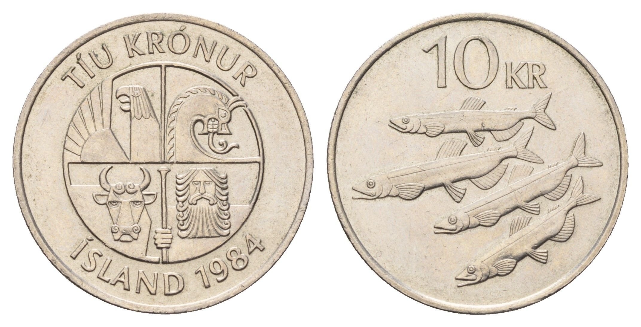 Исландия 10 крон 1984 рыбы KM 29.1 медно-никель UNC 4403-531