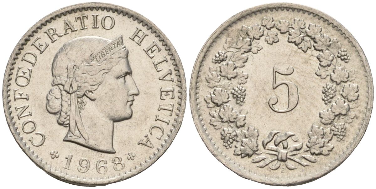 Швейцария 5 раппенов 1968 B KM 26 медно-никель 4608-457