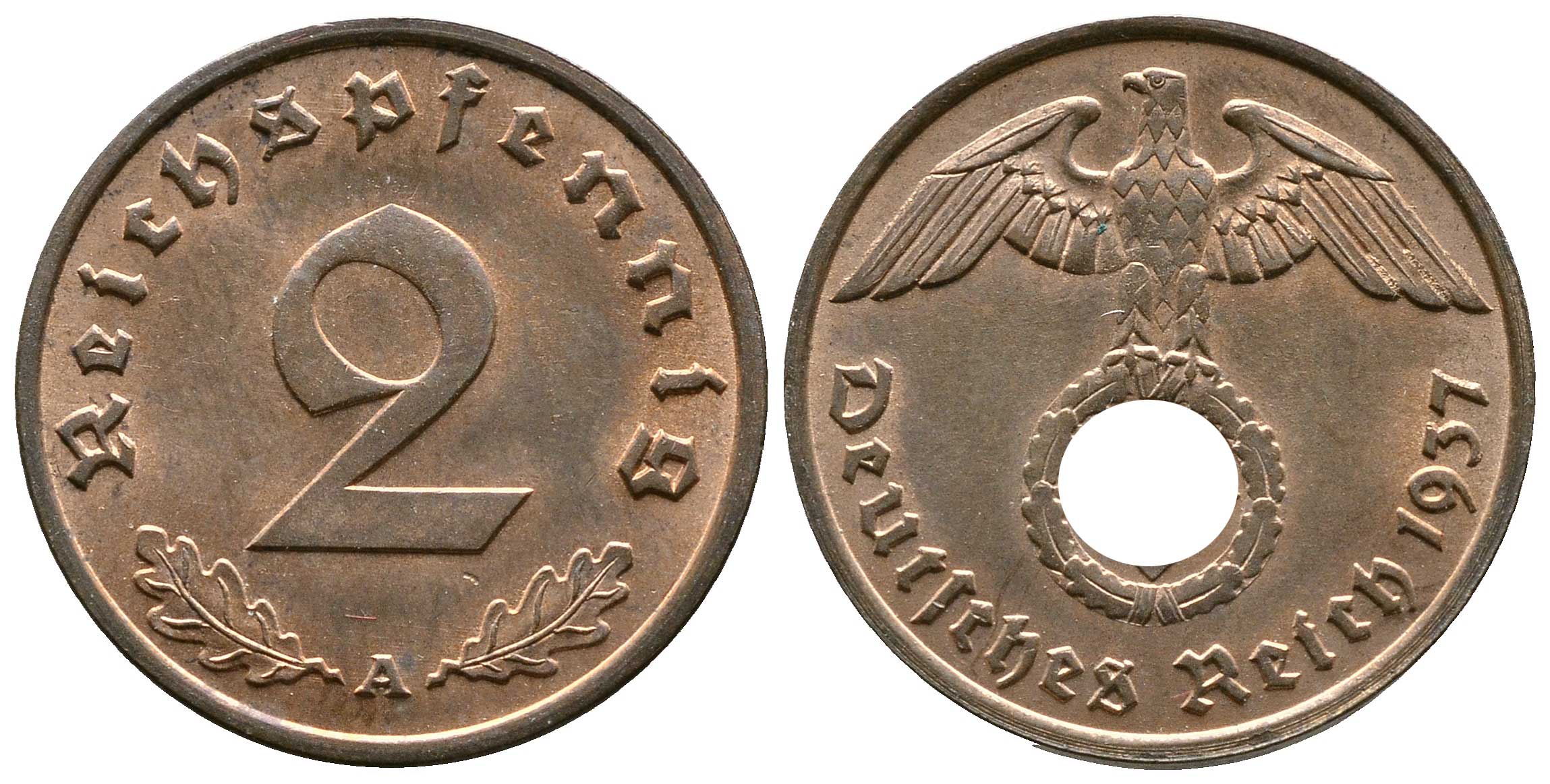 Германия 2 рейхспфеннига 1937 A KM 90, J. 362 бронза 176-434
