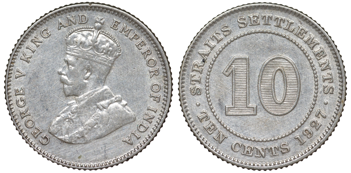 Стрейтс-Сетлментс 10 центов 1927 Георг V (1910-1936) КМ 29b серебро 53-717