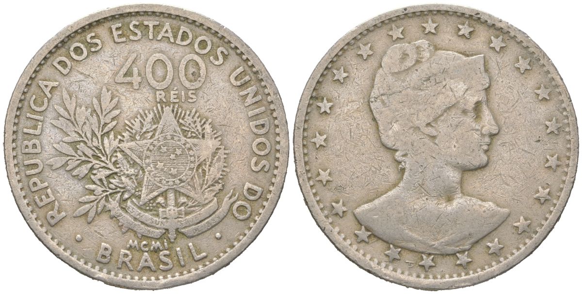 Бразилия 400 реалов 1901 MCMI, голова свободы вправо KM 505 медно-никель 4612-435