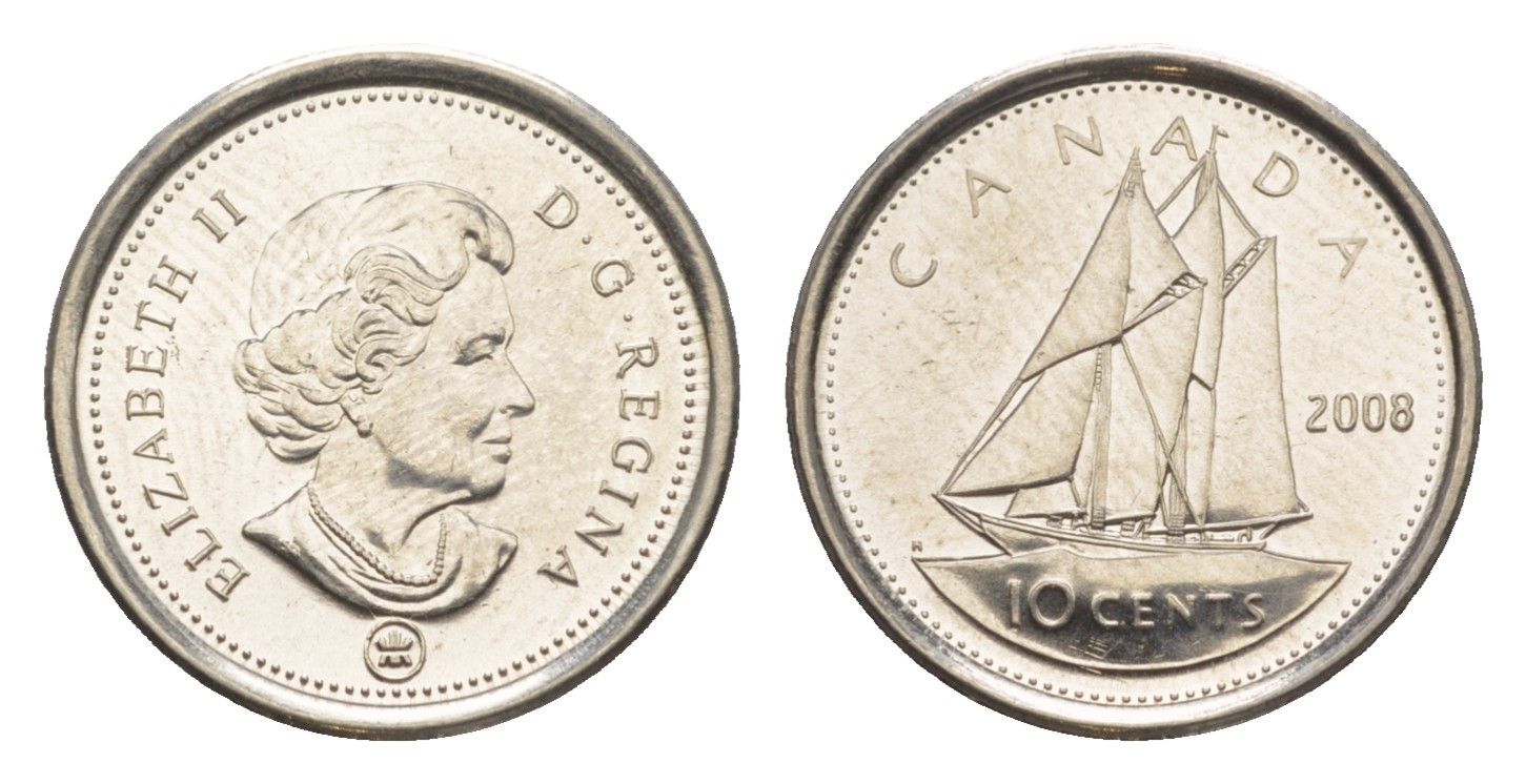 Канада 10 центов 2008 Leaf, Елизавета II (1952-2022), парусник KM 492 сталь плакированная никелем UNC 4636-647