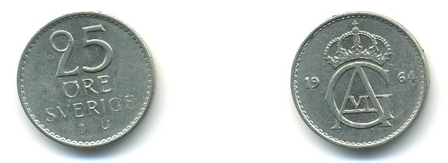 Швеция 25 эре 1964 U Густав VI Адольф (1950-1973) KM 836 медно-никель 80-767