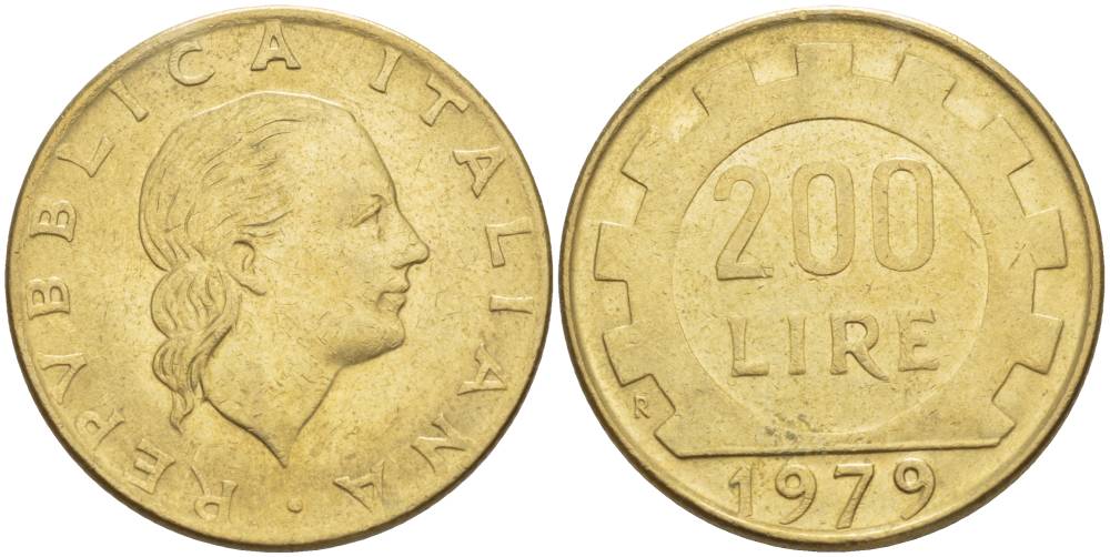 Италия 200 лир 1979 R, шестерня KM 105 алюминиевая бронза 4551-454