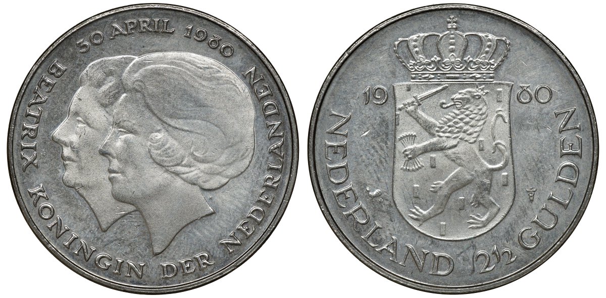 Нидерланды 2 1/2 гульдена 1980 коронация Беатрикс, 30 апреля 1980 KM 201 никель 72-1215