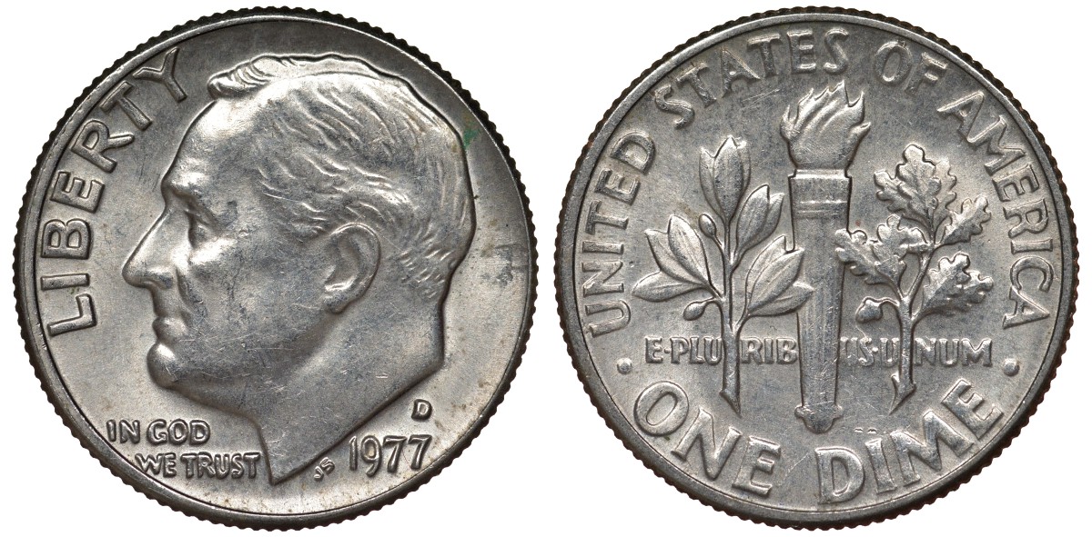США 10 центов = дайм 1977 D, Рузвельт KM 195а медь плакированная медно-никелем 4124-448