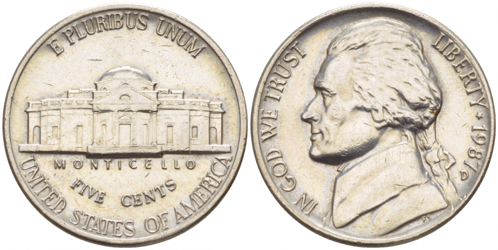 США 5 ЦЕНТОВ 1987 D ДЖЕФЕРСОН KM А192 медно-никель 4546-1214