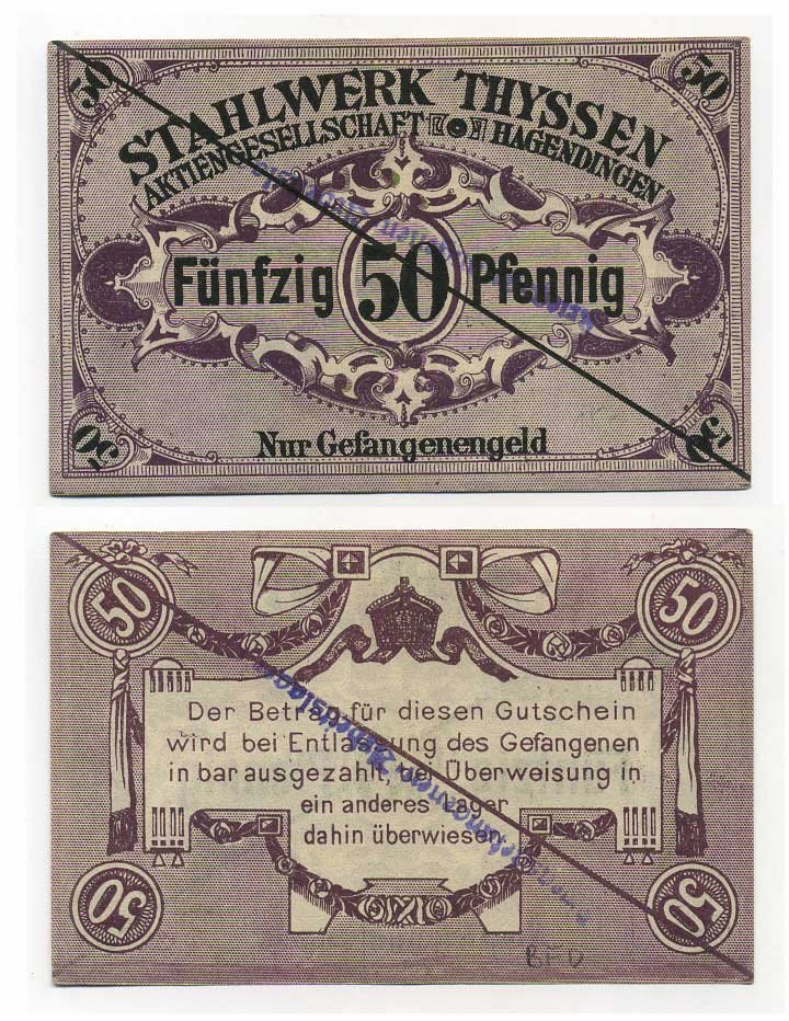 Германия 50 пфеннигов ND сталелитейные заводы Тиссена (THYSSEN), лагерь военнопленных Tieste 326.10 бумага 000-00-00
