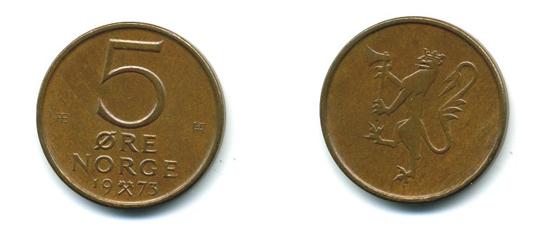 Норвегия 5 эре 1973 Улаф V (1958-1991) ​KM 415 бронза 4364-924
