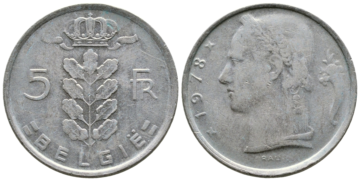 БЕЛЬГИЯ 5 ФРАНКОВ 1978 BELGIE KM 135.1 медно-никель 89-455