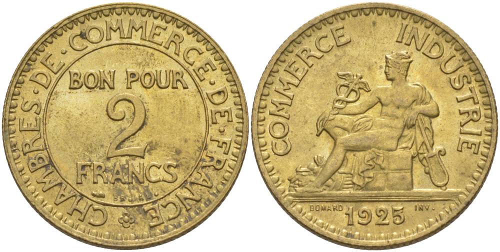 ФРАНЦИЯ 2 ФРАНКА 1925 ТИП CHAMBRES DE COMMERCE KM 877, LE FRANC 267.7 алюминиевая бронза 69-1226