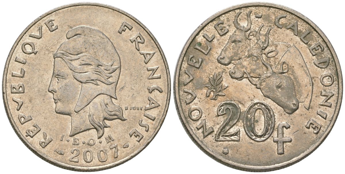 Французская Новая Каледония 20 франков 2007 три быка, (IEOM) KM 12a, Schoen 14a медно-никель 4131-836