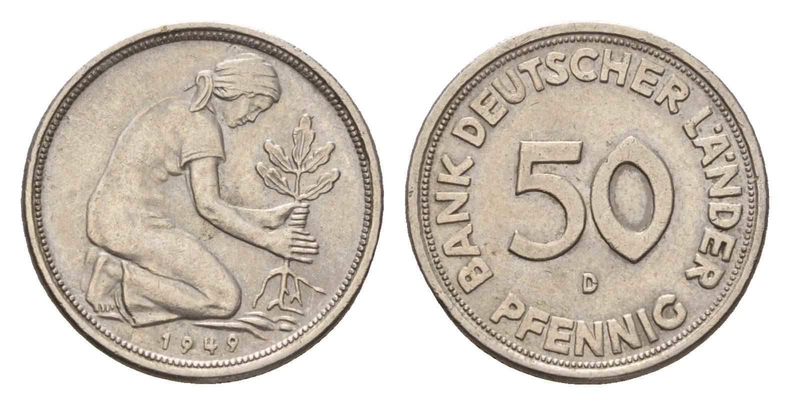 ФРГ 50 пфеннигов 1949 D KM 104, J. 379 медно-никель 4618-1262