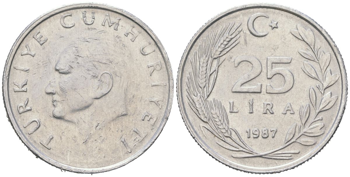 Турция 25 лир 1987 KM 975 алюминий 4582-415