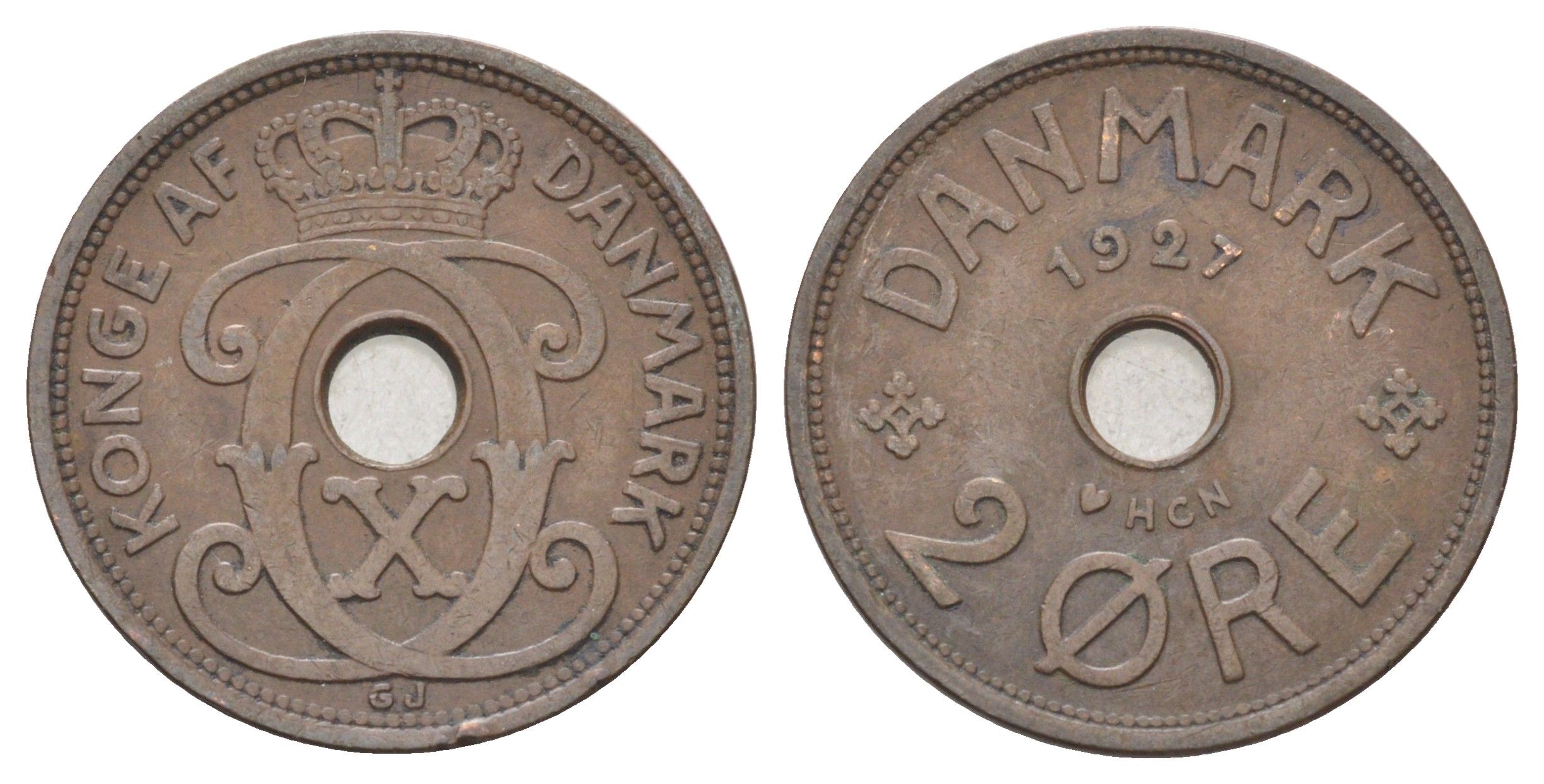 Дания 2 эре 1927 NCH, Кристиан X (1912-1947) KM 827 бронза 4701-631