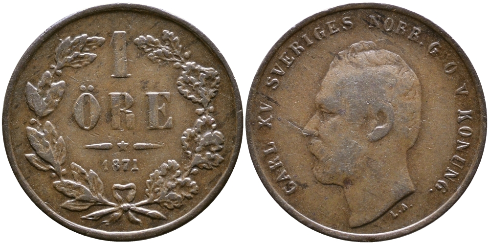 Швеция 1 эре 1871 Карл XV (1859-1872) KM 705 бронза 71-1526