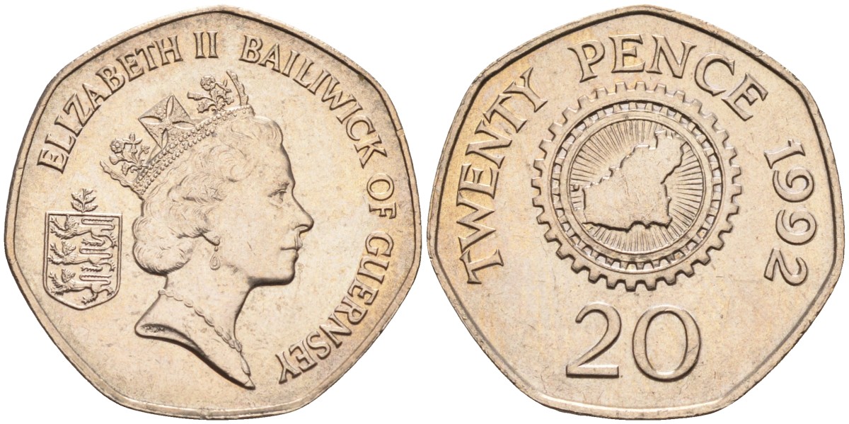 Гернси 20 пенсов 1992 карта острова в зубчатом колесе KM 44 медно-никель UNC 4582-331