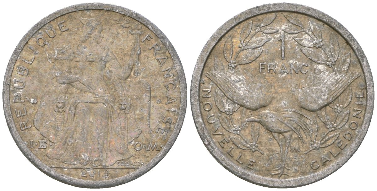 Французская Новая Каледония 1 франк 2012 птица кагу, (IEOM) KM 10, Schoen 10 алюминий 36-957