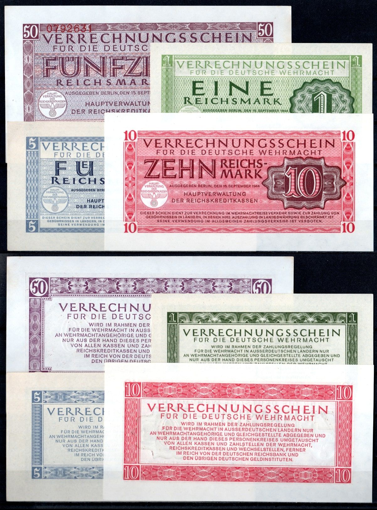 Германия набор из 4 банкнот 1944 Полный комплект, военный сертификат Pick M38, M39, M40, M41 бумага UNC (пресс) 451-1074-2