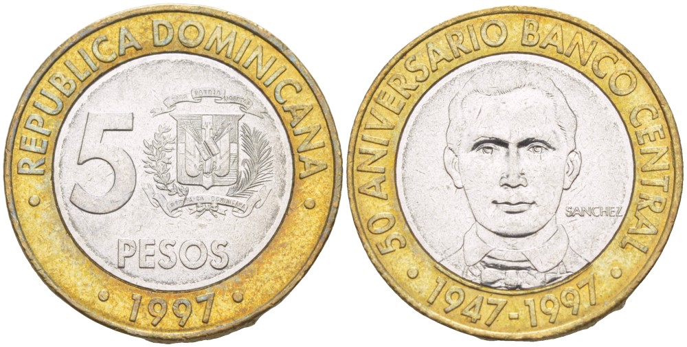 Доминиканская республика 5 песо 1997 50 лет центральному банку KM 88 биметалл 4541-1045