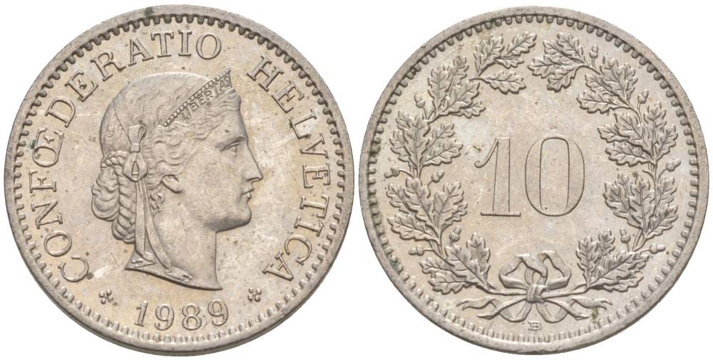 ШВЕЙЦАРИЯ 10 РАППЕНОВ 1989 В KM 27 медно-никель 55-532
