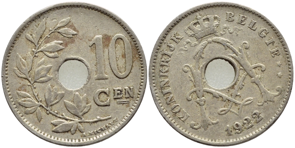 БЕЛЬГИЯ 10 САНТИМОВ 1922 BELGIE KM 86 медно-никель 4388-432