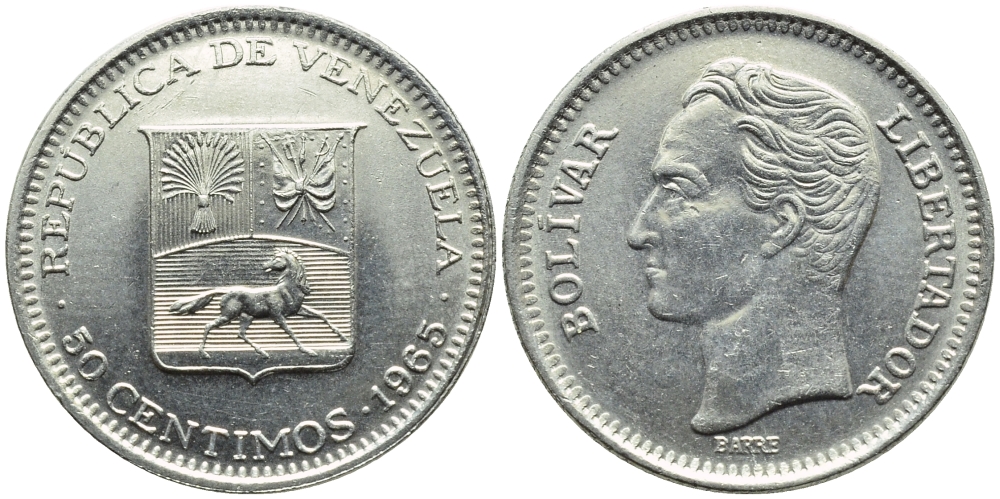 Венесуэла 50 сентимо 1965 Симон Боливар KM 41, Schon 51 никель 4392-969